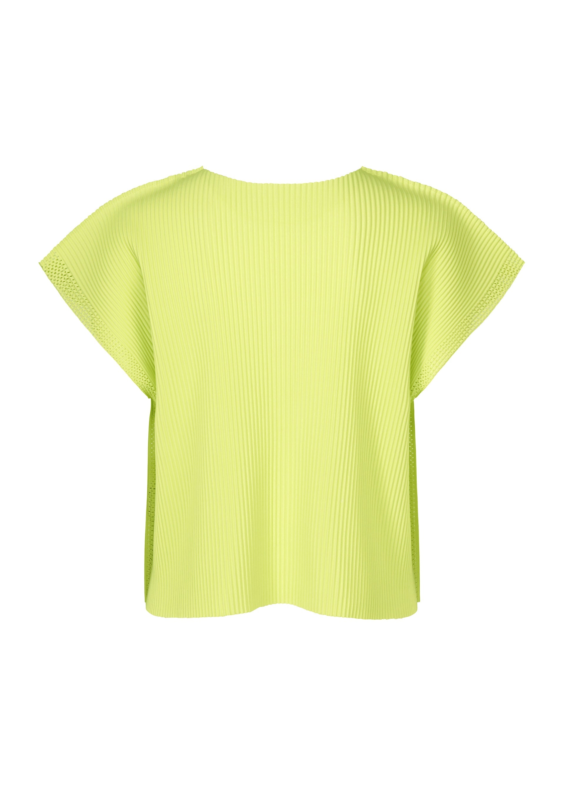 Zoomed view The MESH PLEATS by me ISSEY MIYAKE is a loose-fitting, short-sleeved top in light yellow-green with fine knit pleats and a pleated texture, shown from the back against a white background.