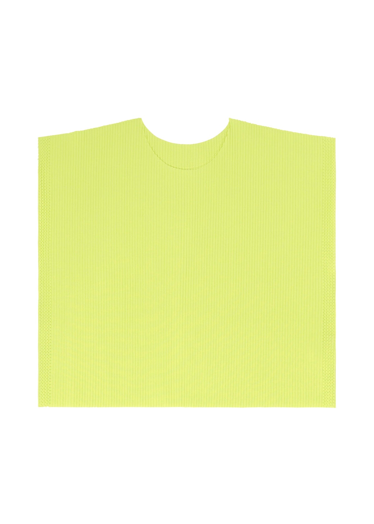 The MESH PLEATS by me ISSEY MIYAKE is a flat, rectangular yellow ribbed fabric featuring fine knit pleats and a rounded neckline cutout at the top center, shown on a white background. view 5 of 8