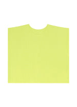 The MESH PLEATS by me ISSEY MIYAKE is a flat, rectangular yellow ribbed fabric featuring fine knit pleats and a rounded neckline cutout at the top center, shown on a white background.