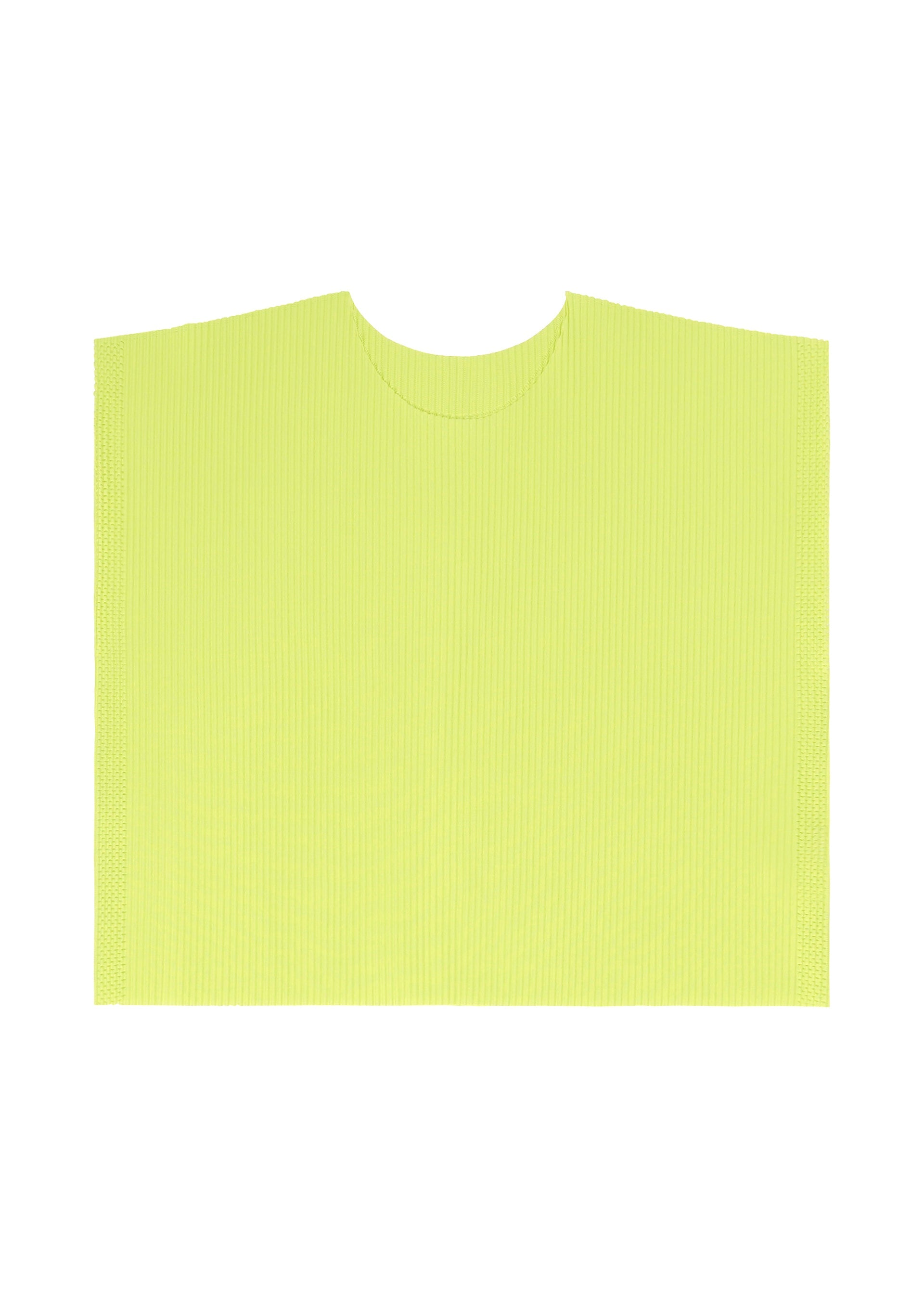 Zoomed view The MESH PLEATS by me ISSEY MIYAKE is a flat, rectangular yellow ribbed fabric featuring fine knit pleats and a rounded neckline cutout at the top center, shown on a white background.