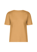 The me ISSEY MIYAKE FINE KNIT PLEATS COLOR 1 is a light brown, short-sleeved top with fine knit pleats, a round neckline, and ribbed texture, showcased against a white background. - CAMEL （no.43）