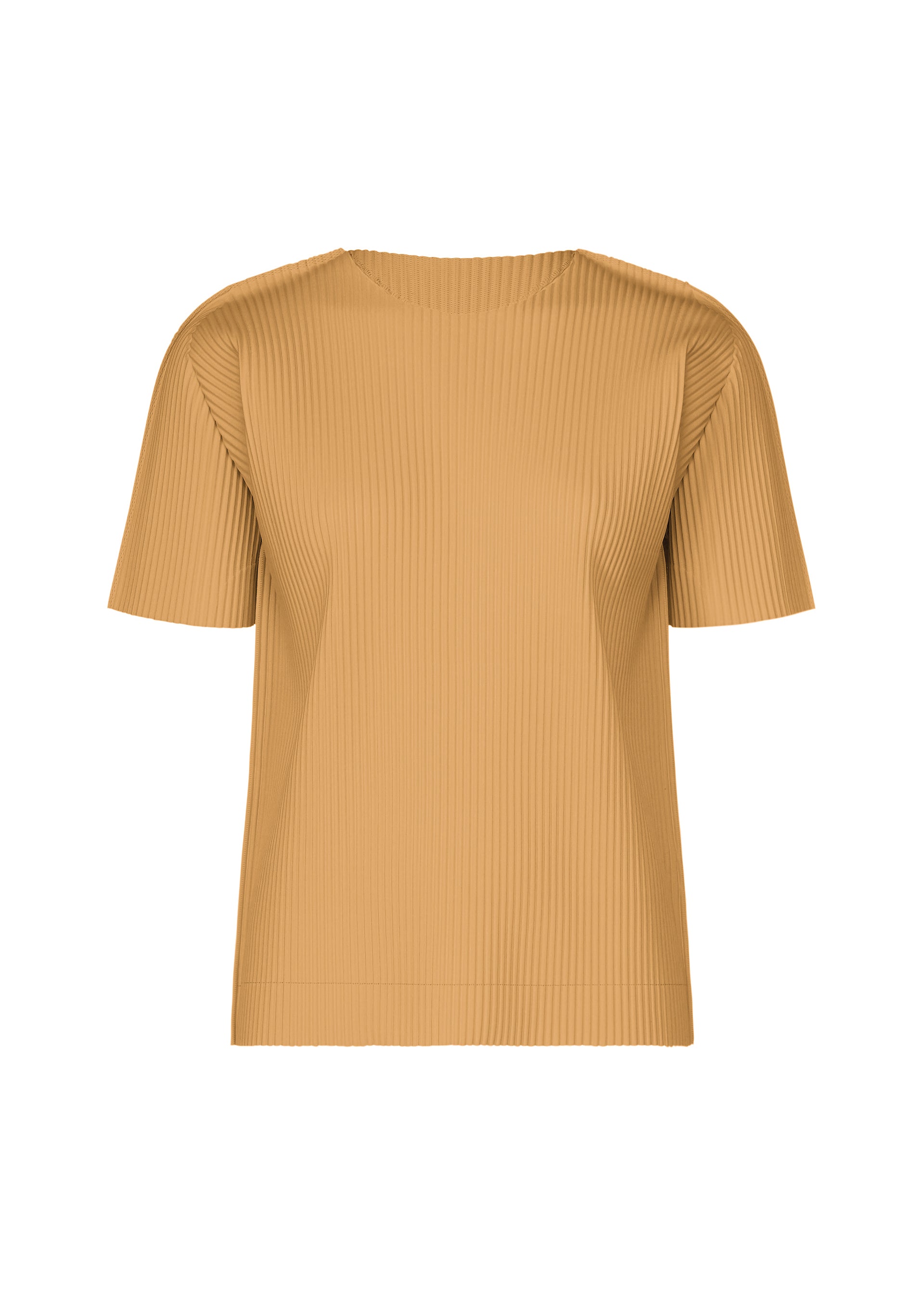 Zoomed view The me ISSEY MIYAKE FINE KNIT PLEATS COLOR 1 is a light brown, short-sleeved top with fine knit pleats, a round neckline, and ribbed texture, showcased against a white background. - CAMEL （no.43）