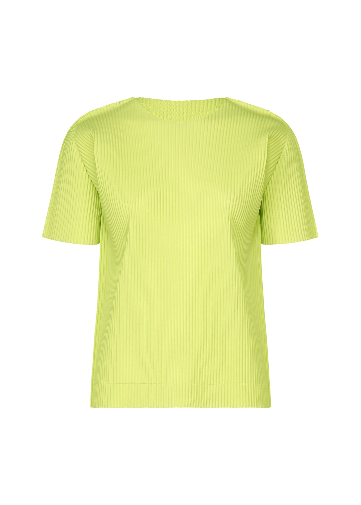 The FINE KNIT PLEATS COLOR 1 top by me ISSEY MIYAKE is a light green, short-sleeved round-neck piece with fine knit pleats, shown against a plain white background. view 2 of 8