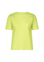 The FINE KNIT PLEATS COLOR 1 top by me ISSEY MIYAKE is a light green, short-sleeved round-neck piece with fine knit pleats, shown against a plain white background. - LIME YELLOW （no.51）