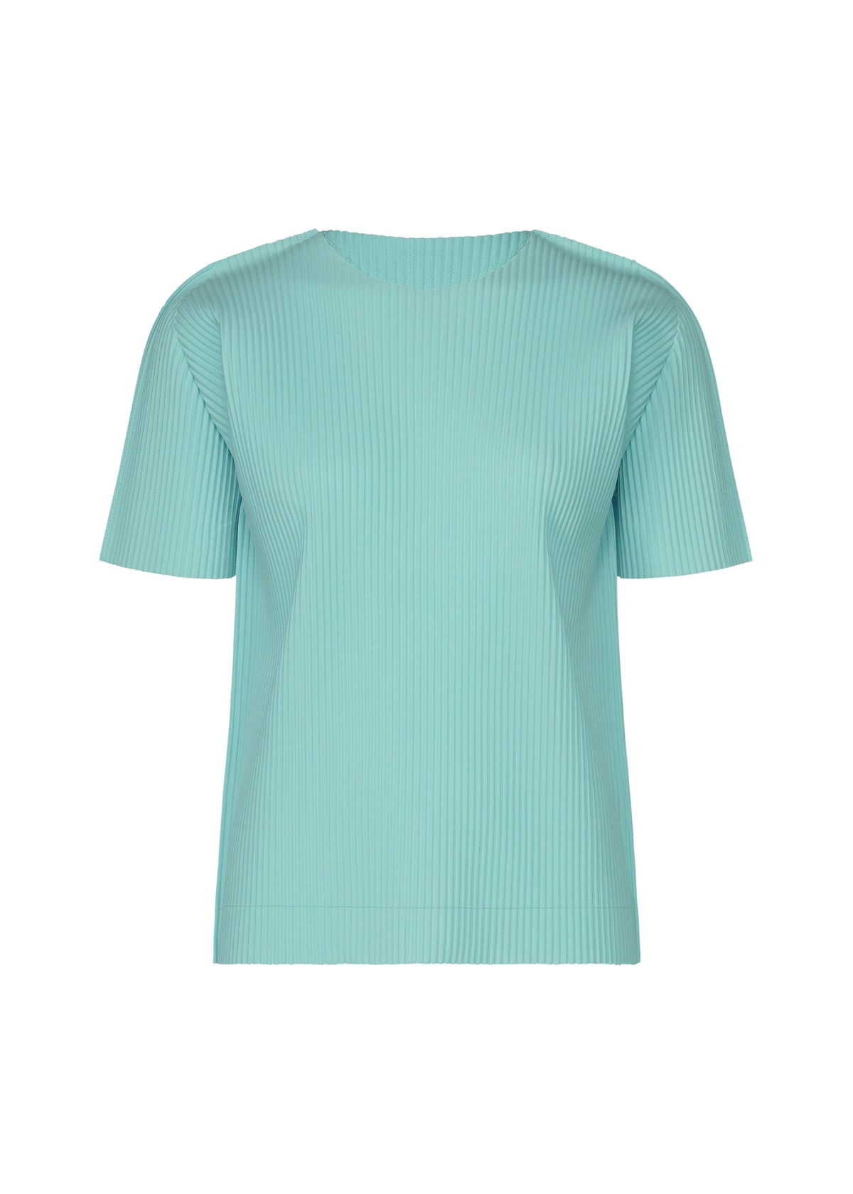 The FINE KNIT PLEATS COLOR 1 by me ISSEY MIYAKE is a light blue, short-sleeved crew-neck top featuring vertical fine knit pleats, shown against a plain white background. view 3 of 8