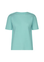 The FINE KNIT PLEATS COLOR 1 by me ISSEY MIYAKE is a light blue, short-sleeved crew-neck top featuring vertical fine knit pleats, shown against a plain white background. - SKY BLUE （no.70）
