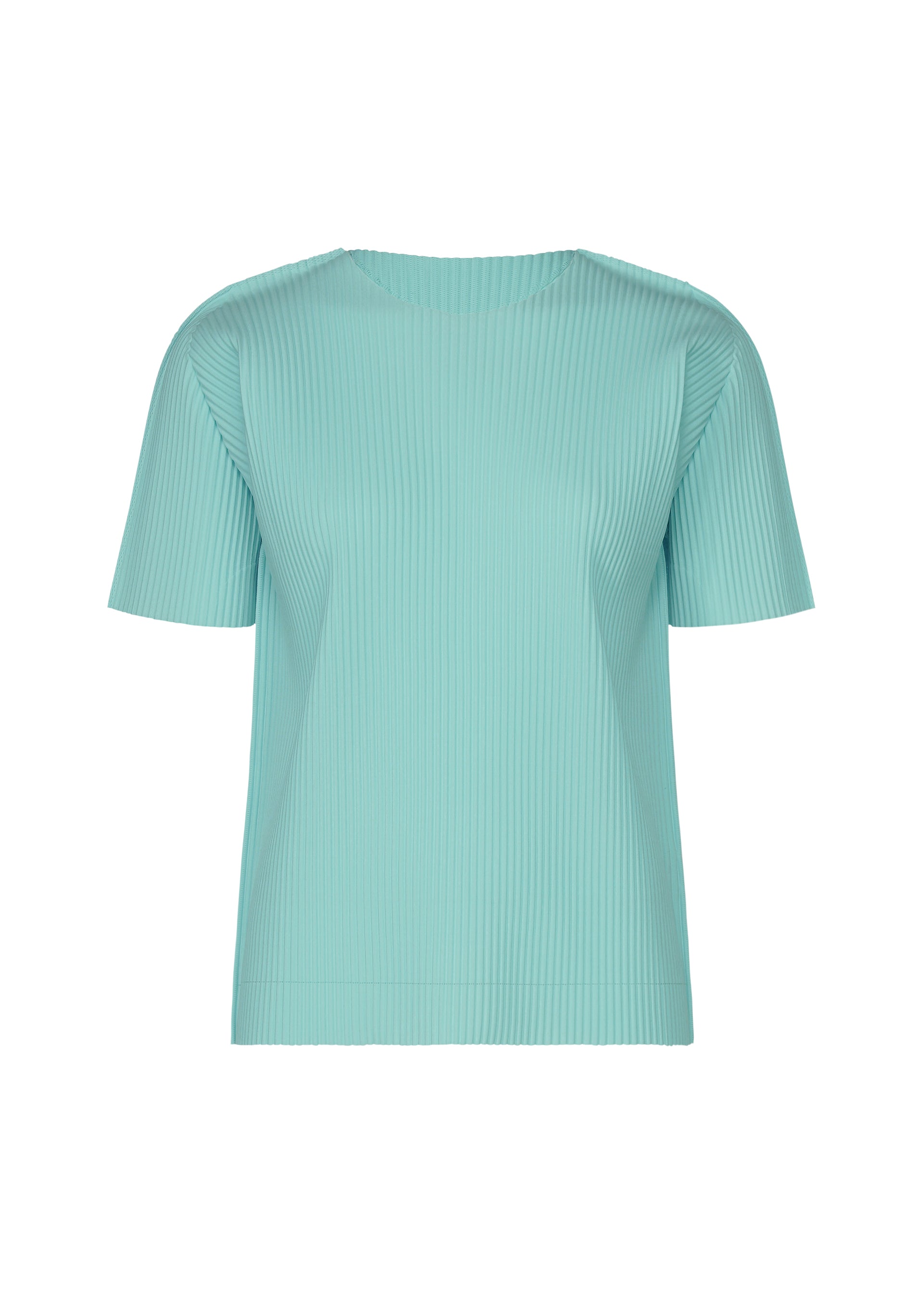 Zoomed view The FINE KNIT PLEATS COLOR 1 by me ISSEY MIYAKE is a light blue, short-sleeved crew-neck top featuring vertical fine knit pleats, shown against a plain white background. - SKY BLUE （no.70）