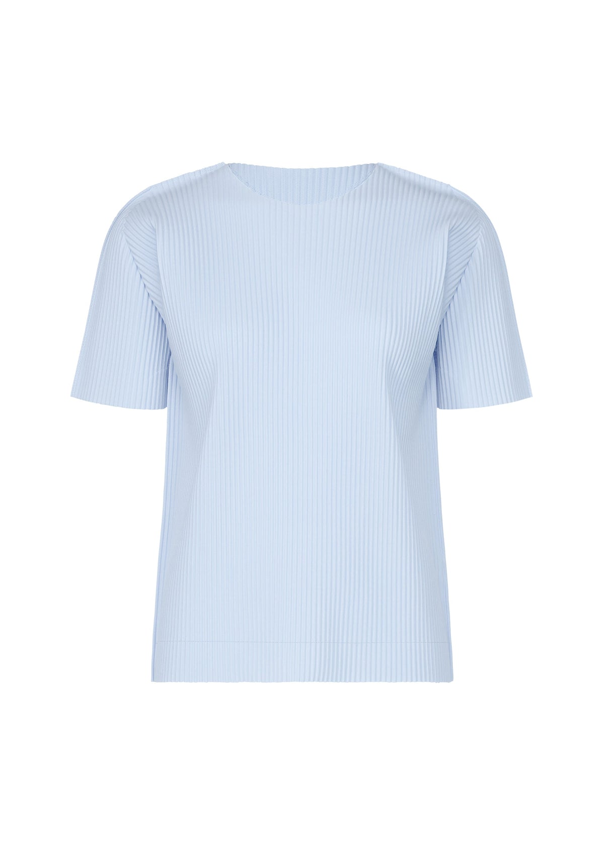 The FINE KNIT PLEATS COLOR 1 by me ISSEY MIYAKE is a light blue, short-sleeved top featuring vertical ribbed texture, a relaxed fit, and classic crew neck, displayed against a plain white background. view 4 of 8