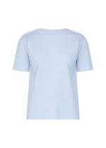 The FINE KNIT PLEATS COLOR 1 by me ISSEY MIYAKE is a light blue, short-sleeved top featuring vertical ribbed texture, a relaxed fit, and classic crew neck, displayed against a plain white background. - FOGGY BLUE （no.71）