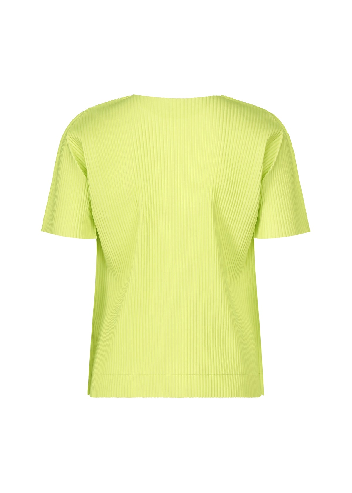 The FINE KNIT PLEATS COLOR 1 by me ISSEY MIYAKE is a short-sleeved lime green round-neck top with fine knit pleats, shown from the back against a plain white background. view 5 of 8
