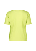 The FINE KNIT PLEATS COLOR 1 by me ISSEY MIYAKE is a short-sleeved lime green round-neck top with fine knit pleats, shown from the back against a plain white background.