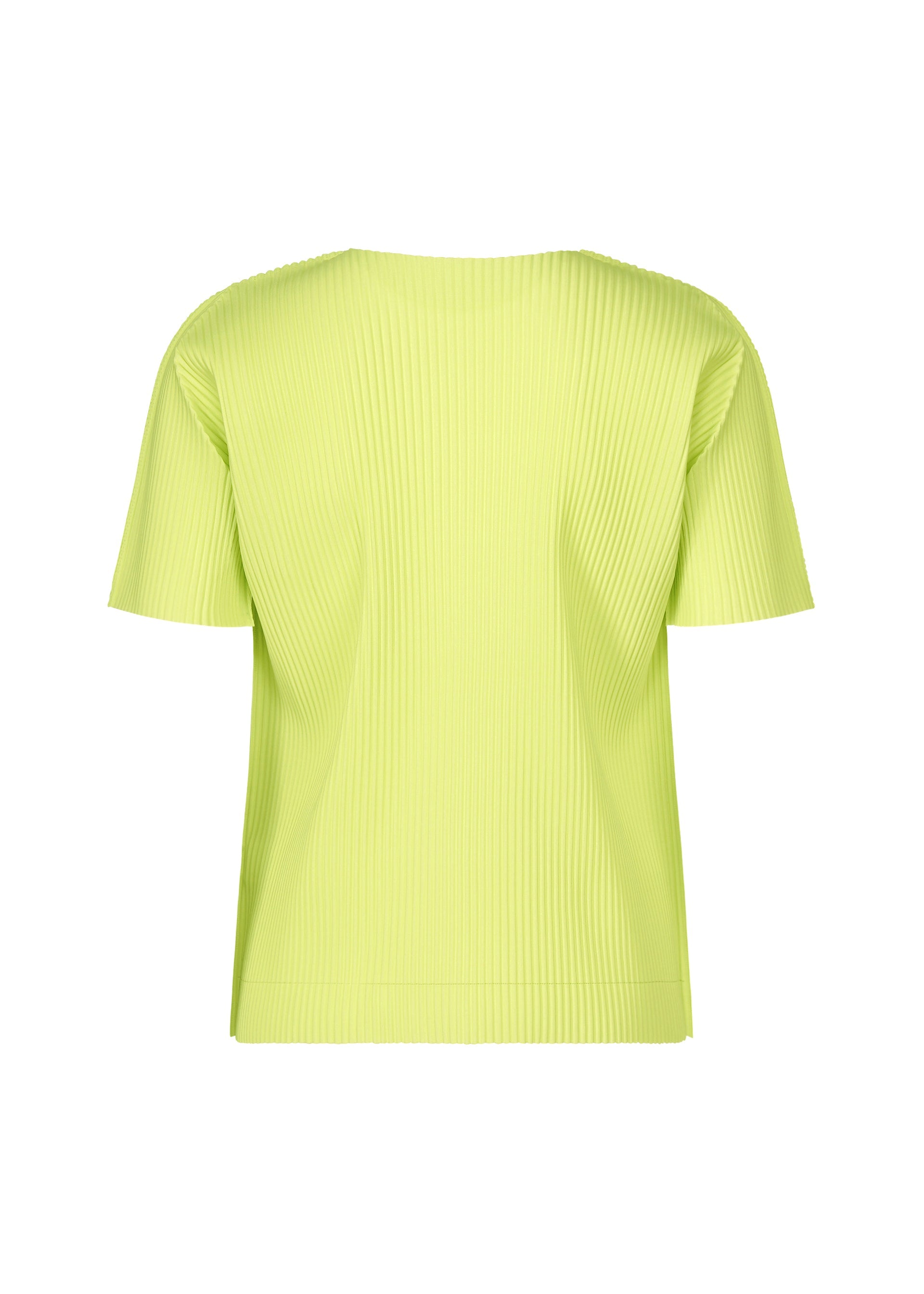 Zoomed view The FINE KNIT PLEATS COLOR 1 by me ISSEY MIYAKE is a short-sleeved lime green round-neck top with fine knit pleats, shown from the back against a plain white background.