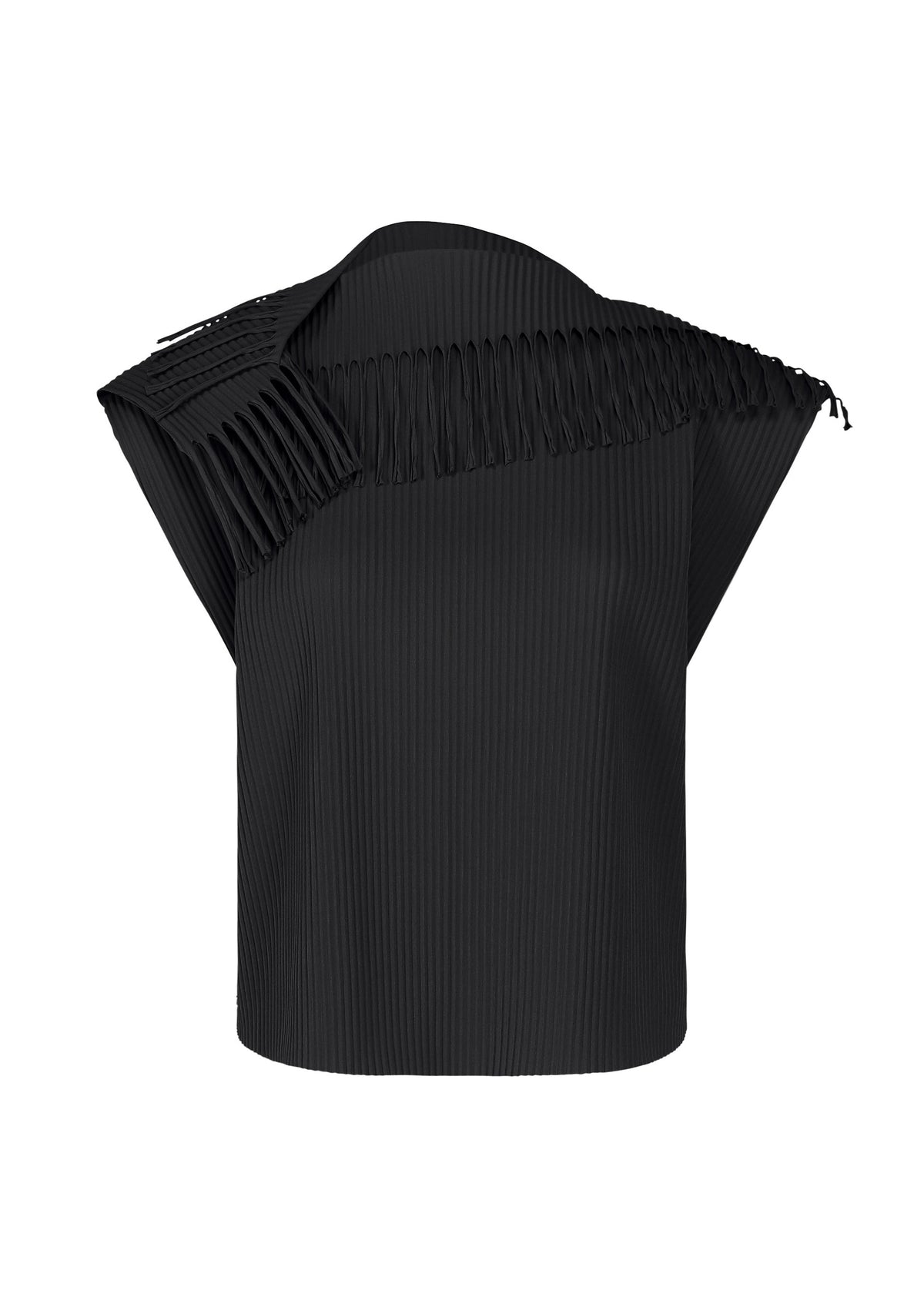Discover the LEAF PLEATS top from me ISSEY MIYAKE: a black fine knit sleeveless piece featuring pleated details and a high neckline. Unique cutout fringe accents sweep asymmetrically across the upper chest and shoulders, lending a sculptural edge to this lightweight, chic design—perfect for adding sophisticated style to any occasion. view 1 of 8