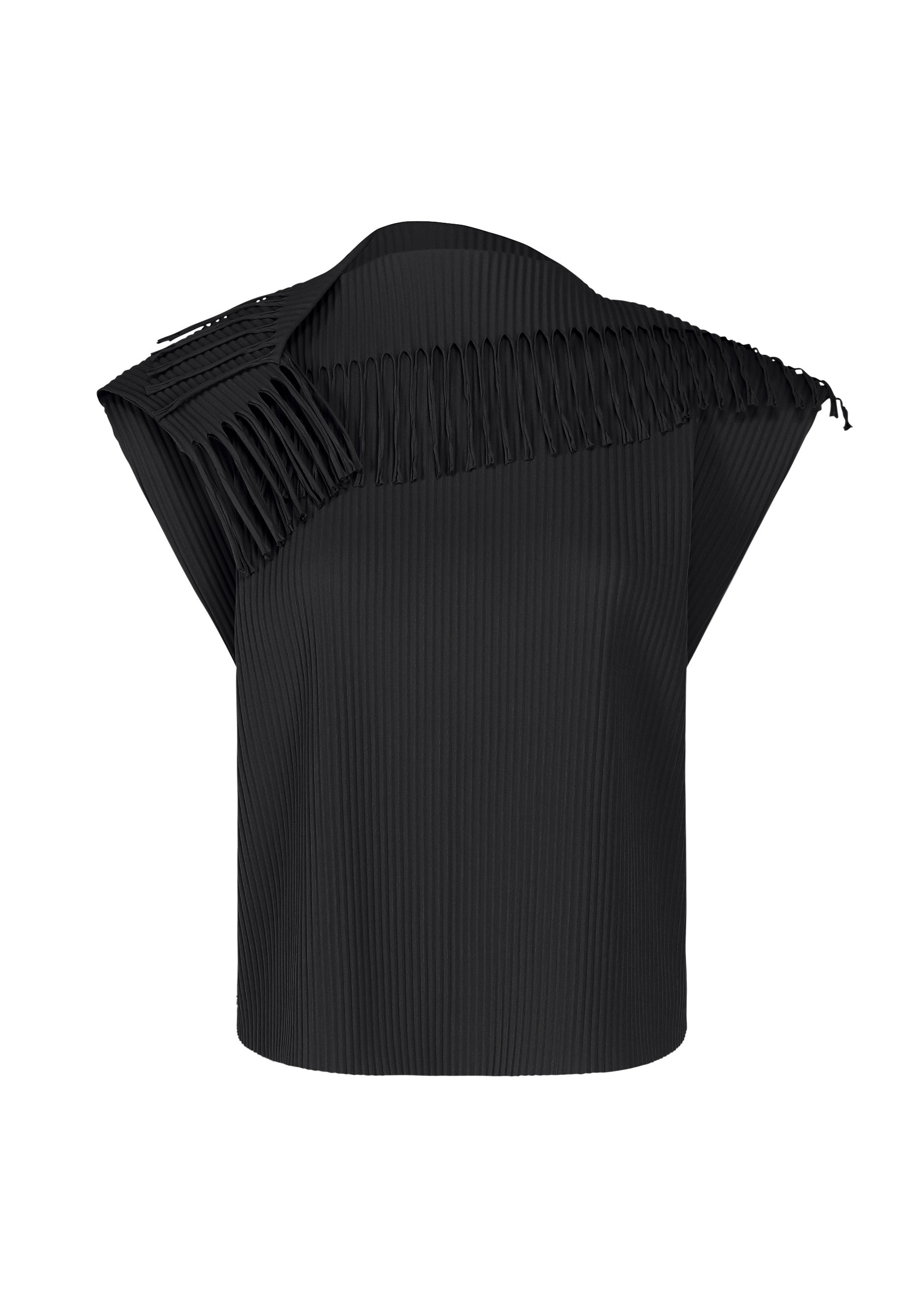 Zoomed view Discover the LEAF PLEATS top from me ISSEY MIYAKE: a black fine knit sleeveless piece featuring pleated details and a high neckline. Unique cutout fringe accents sweep asymmetrically across the upper chest and shoulders, lending a sculptural edge to this lightweight, chic design—perfect for adding sophisticated style to any occasion. - BLACK （no.15）