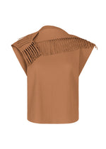 The LEAF PLEATS sleeveless brown top by me ISSEY MIYAKE features fine knit pleats and an asymmetrical fringed detail across one shoulder, shown on a white background. - BROWN （no.44）