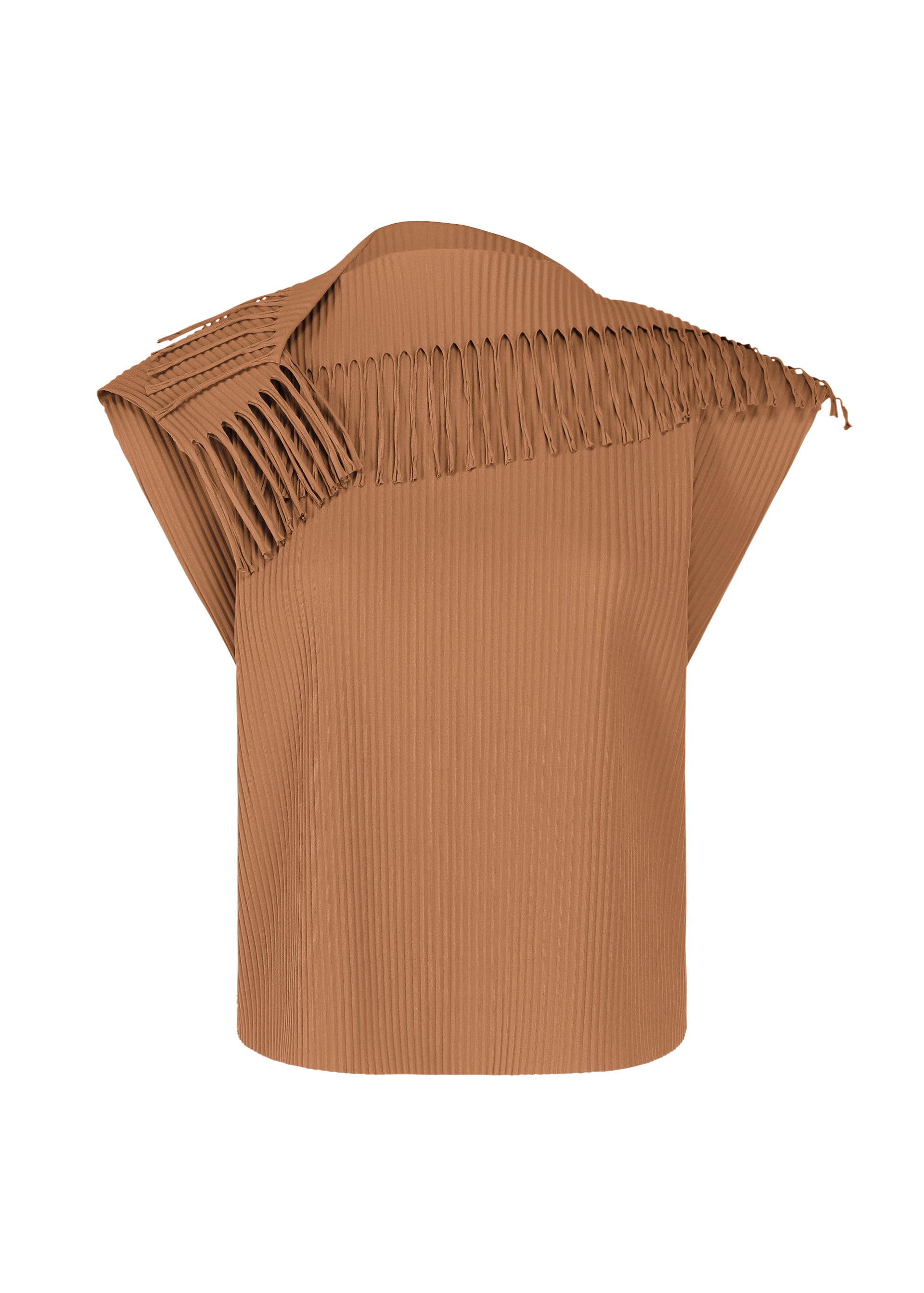 Zoomed view The LEAF PLEATS sleeveless brown top by me ISSEY MIYAKE features fine knit pleats and an asymmetrical fringed detail across one shoulder, shown on a white background. - BROWN （no.44）