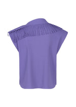 Introducing the LEAF PLEATS sleeveless top by me ISSEY MIYAKE in a soft lavender hue. This stylish piece features fine knit pleats with a ribbed texture and delicate fringe detailing along one shoulder and the upper back. The structured, modern fabric makes it a lightweight and versatile choice for any occasion.