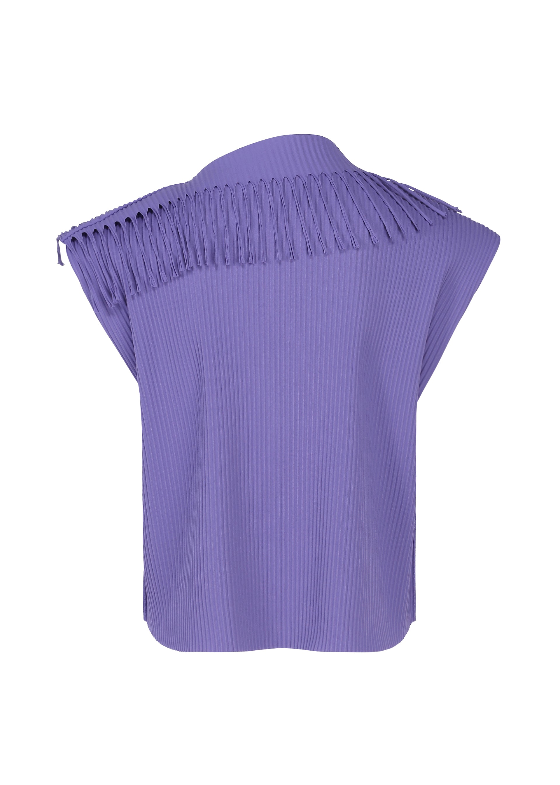 Zoomed view Introducing the LEAF PLEATS sleeveless top by me ISSEY MIYAKE in a soft lavender hue. This stylish piece features fine knit pleats with a ribbed texture and delicate fringe detailing along one shoulder and the upper back. The structured, modern fabric makes it a lightweight and versatile choice for any occasion.