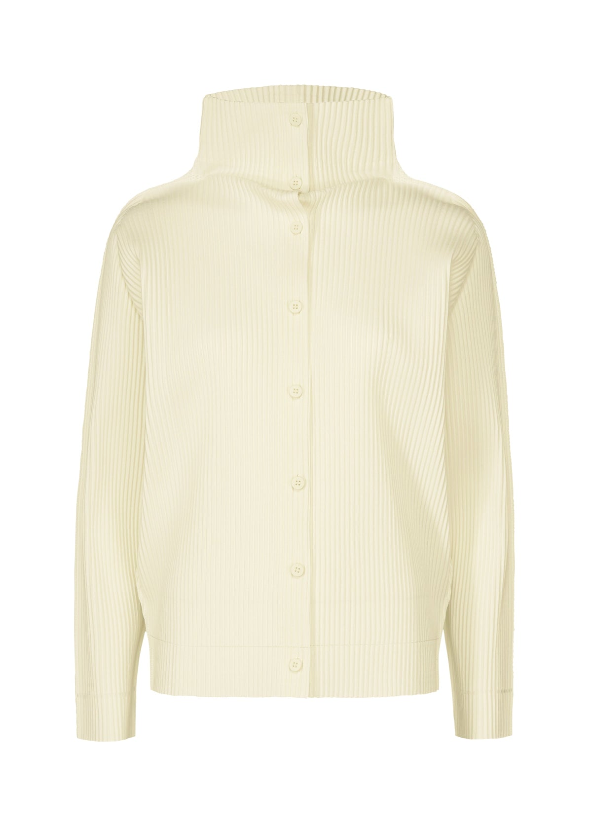 The me ISSEY MIYAKE FINE KNIT PLEATS is a cream long-sleeved cardigan featuring a high structured collar and subtle fine knit pleats, displayed against a plain white background. view 1 of 6