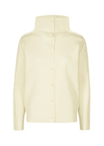 The me ISSEY MIYAKE FINE KNIT PLEATS is a cream long-sleeved cardigan featuring a high structured collar and subtle fine knit pleats, displayed against a plain white background. - WHITE （no.01）