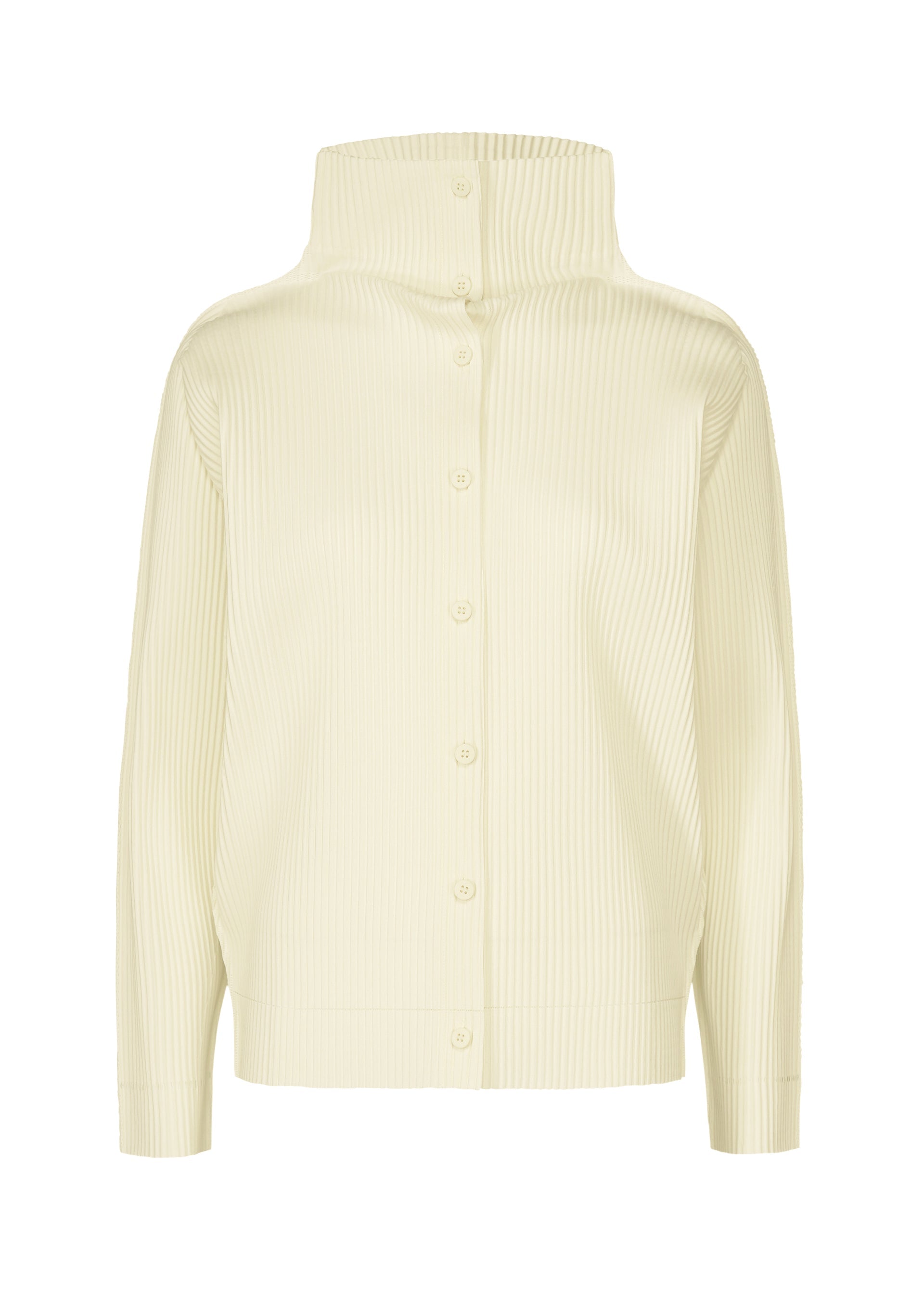 Zoomed view The me ISSEY MIYAKE FINE KNIT PLEATS is a cream long-sleeved cardigan featuring a high structured collar and subtle fine knit pleats, displayed against a plain white background. - WHITE （no.01）