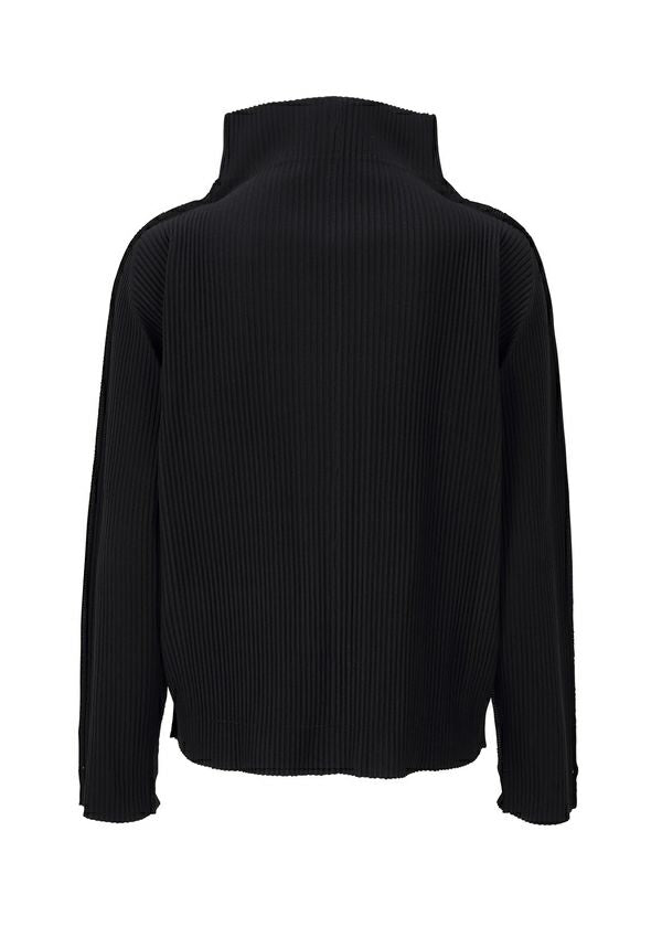 The FINE KNIT PLEATS by me ISSEY MIYAKE is a black, long-sleeve sweater with ribbed texture and fine pleats, shown from the back against a white background. It features a high collar, boxy fit, and slightly dropped shoulders for a chic look. view 3 of 6
