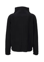 The FINE KNIT PLEATS by me ISSEY MIYAKE is a black, long-sleeve sweater with ribbed texture and fine pleats, shown from the back against a white background. It features a high collar, boxy fit, and slightly dropped shoulders for a chic look.