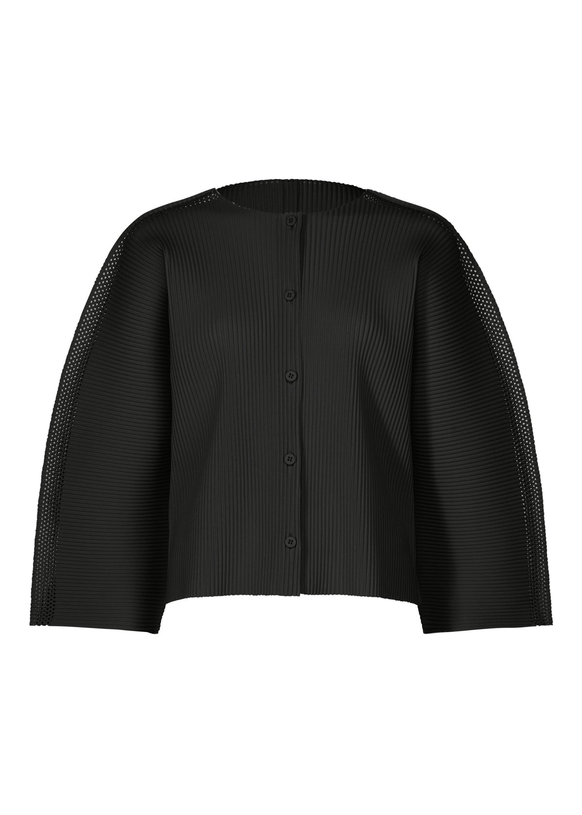 The MESH PLEATS cardigan by me ISSEY MIYAKE features black textured fabric, long sleeves, a round neckline, and a structured boxy fit. Its minimalist design and lightweight feel make it ideal for a modern look. view 1 of 8