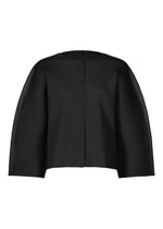 The MESH PLEATS cardigan by me ISSEY MIYAKE features black textured fabric, long sleeves, a round neckline, and a structured boxy fit. Its minimalist design and lightweight feel make it ideal for a modern look. - BLACK （no.15）