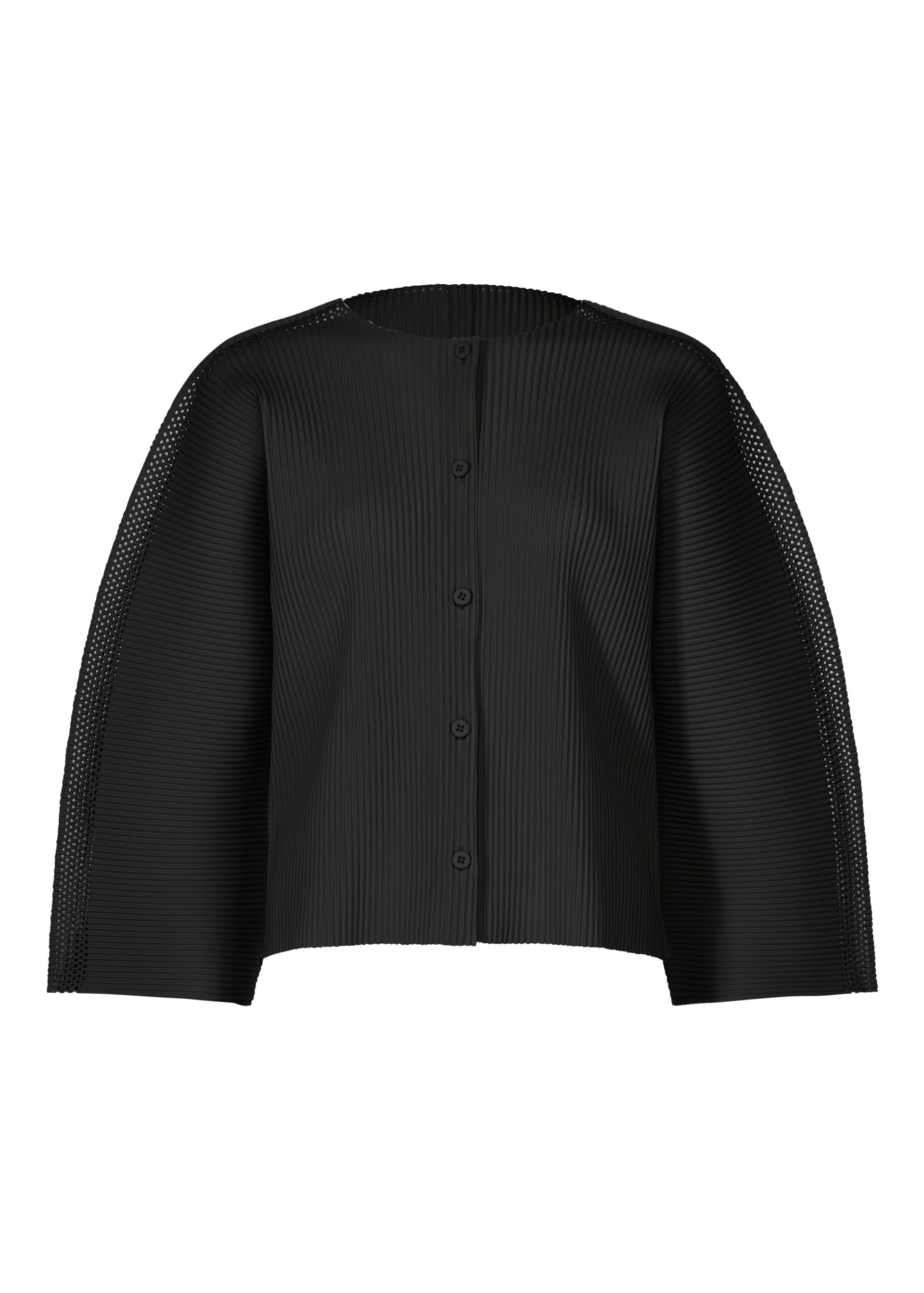 Zoomed view The MESH PLEATS cardigan by me ISSEY MIYAKE features black textured fabric, long sleeves, a round neckline, and a structured boxy fit. Its minimalist design and lightweight feel make it ideal for a modern look. - BLACK （no.15）