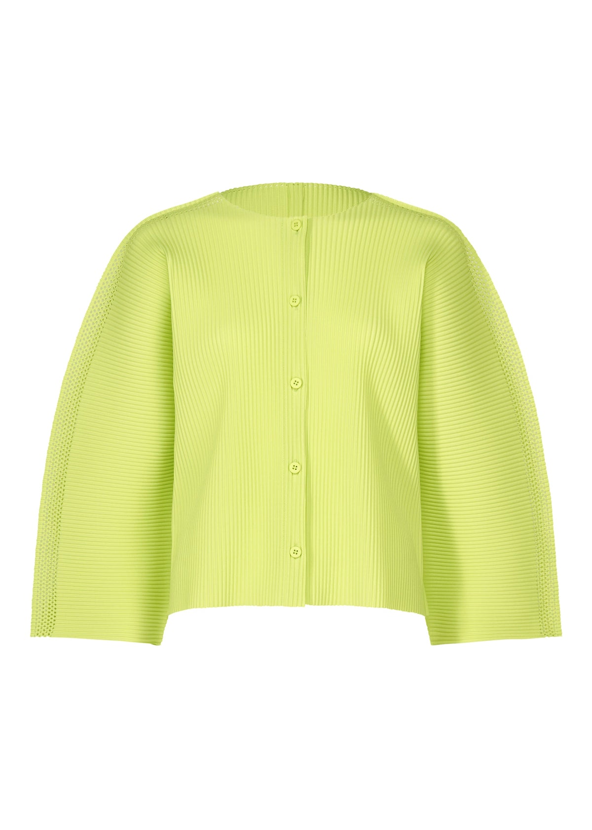 A bright yellow-green "MESH PLEATS" cardigan-style button-up shirt by me ISSEY MIYAKE features long sleeves, a round neckline, pleats, and slightly flared cuffs, displayed on a plain white background. view 2 of 8