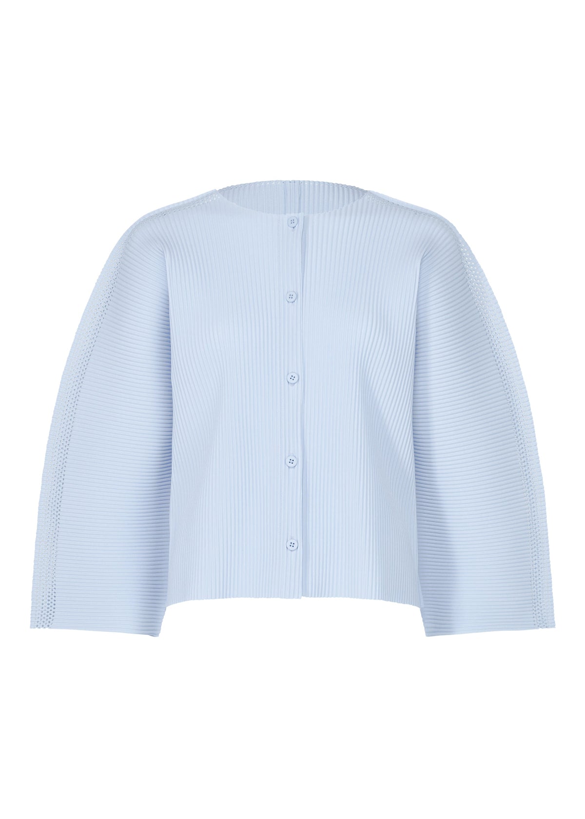 The MESH PLEATS by me ISSEY MIYAKE is a light blue, long-sleeved fine knit cardigan with vertical ribbing, a round neckline, and a loose, boxy fit for a structured yet relaxed style. view 3 of 8