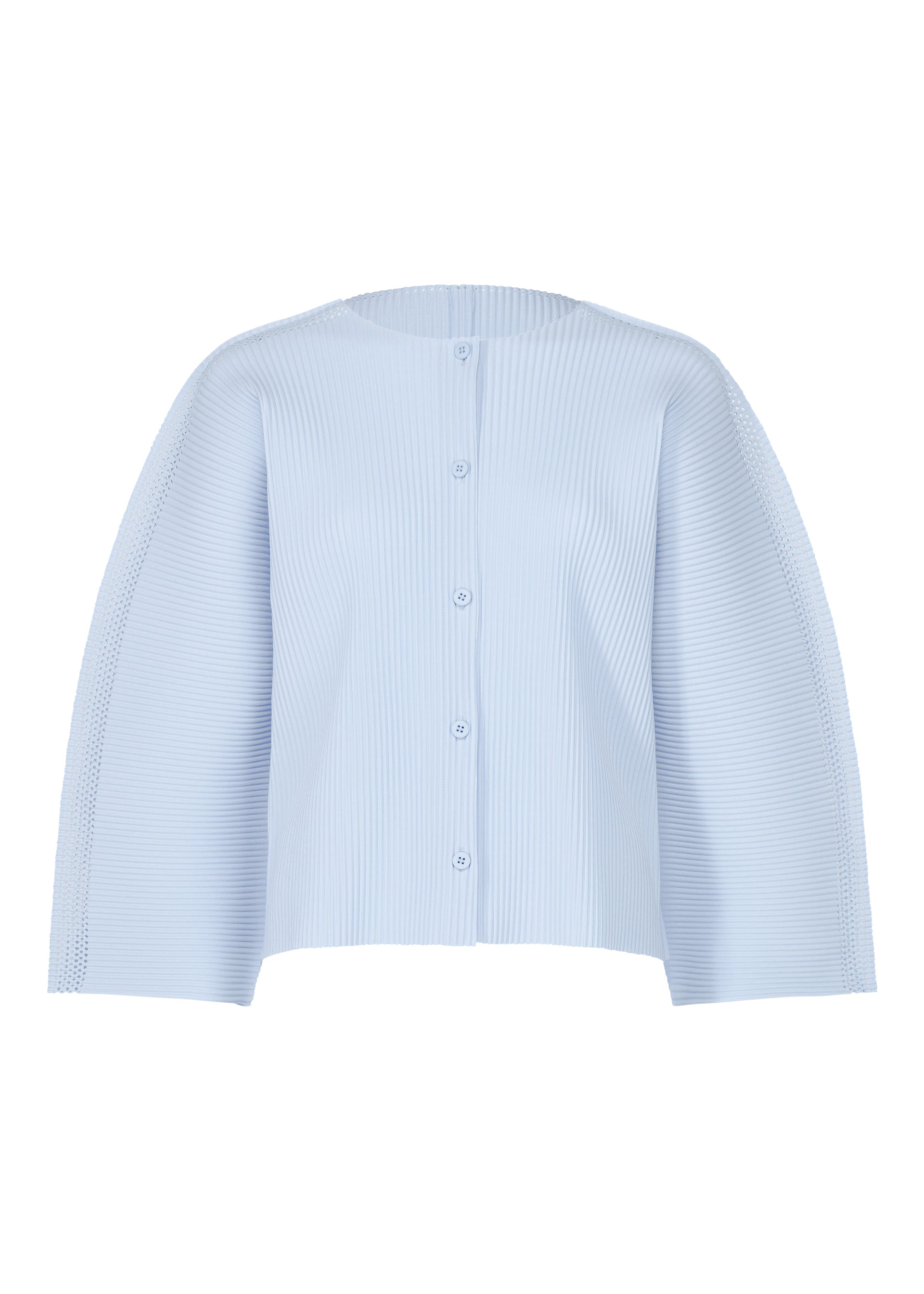 Zoomed view The MESH PLEATS by me ISSEY MIYAKE is a light blue, long-sleeved fine knit cardigan with vertical ribbing, a round neckline, and a loose, boxy fit for a structured yet relaxed style. - FOGGY BLUE （no.71）
