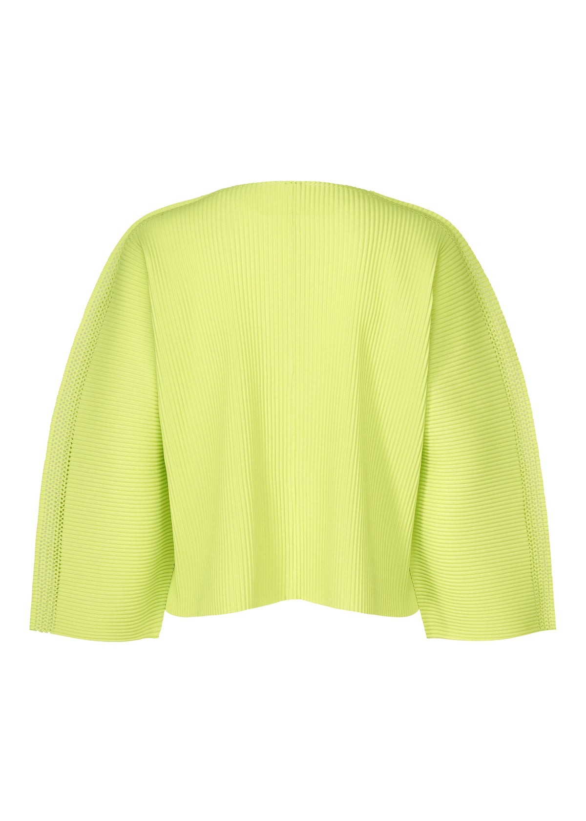 The MESH PLEATS cardigan by me ISSEY MIYAKE features yellow-green fine-knit pleats, long sleeves, and an open front. Shown from the back against a white background. view 4 of 8