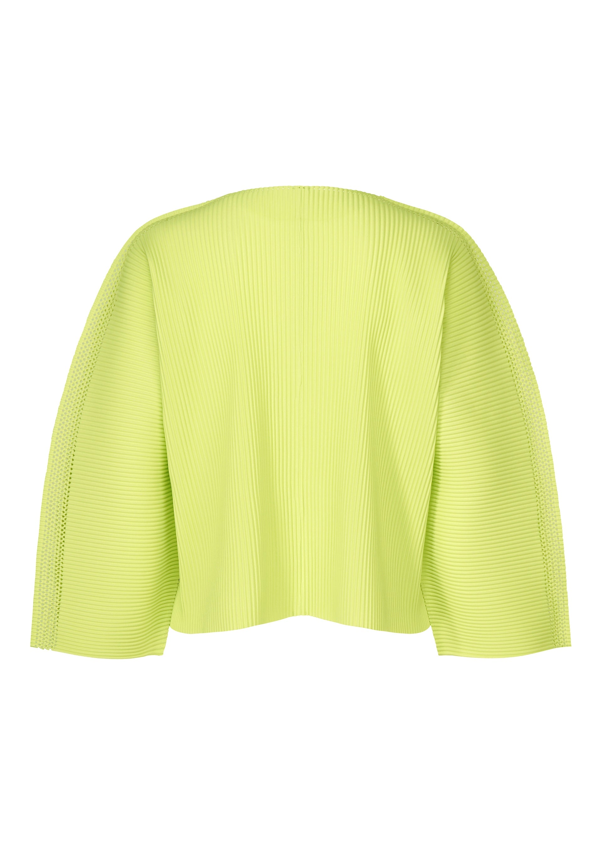 Zoomed view The MESH PLEATS cardigan by me ISSEY MIYAKE features yellow-green fine-knit pleats, long sleeves, and an open front. Shown from the back against a white background.