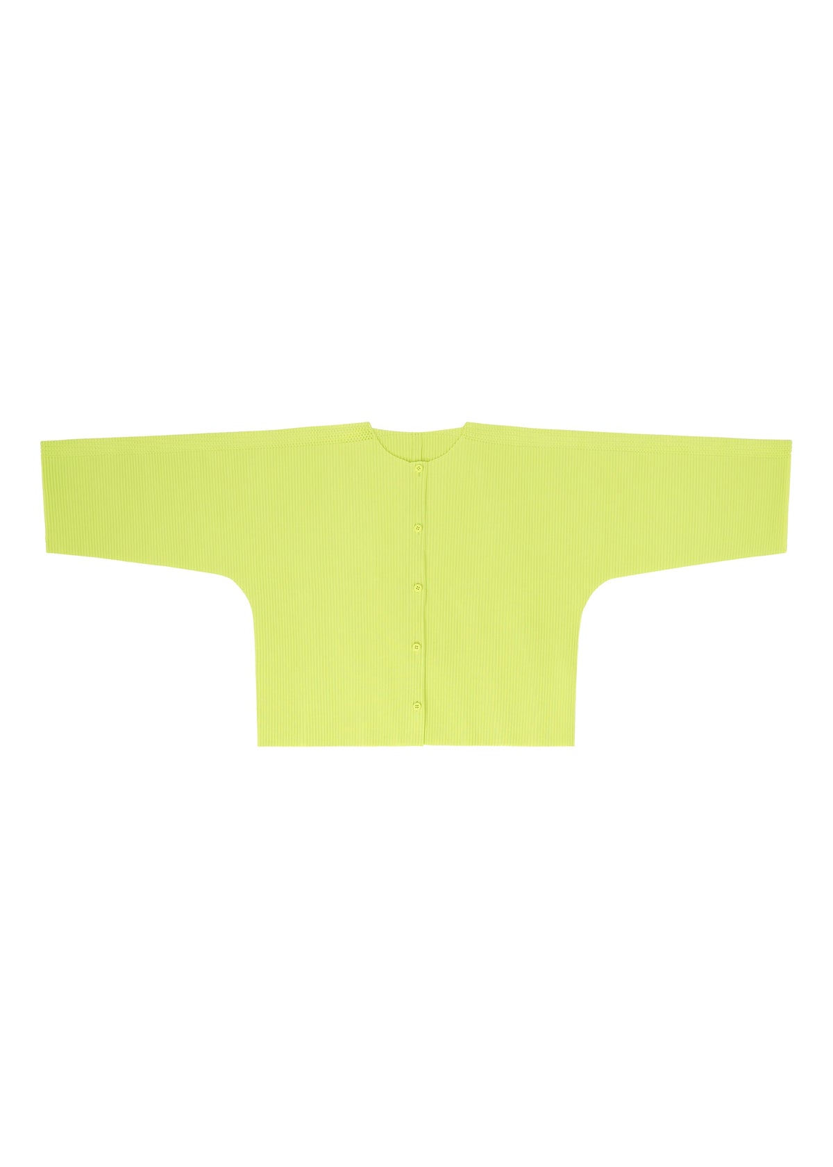 The MESH PLEATS lime green, long-sleeve fine knit cardigan by me ISSEY MIYAKE features a button-up front and round neckline, displayed flat against a white background. view 5 of 8