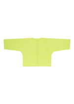 The MESH PLEATS lime green, long-sleeve fine knit cardigan by me ISSEY MIYAKE features a button-up front and round neckline, displayed flat against a white background.