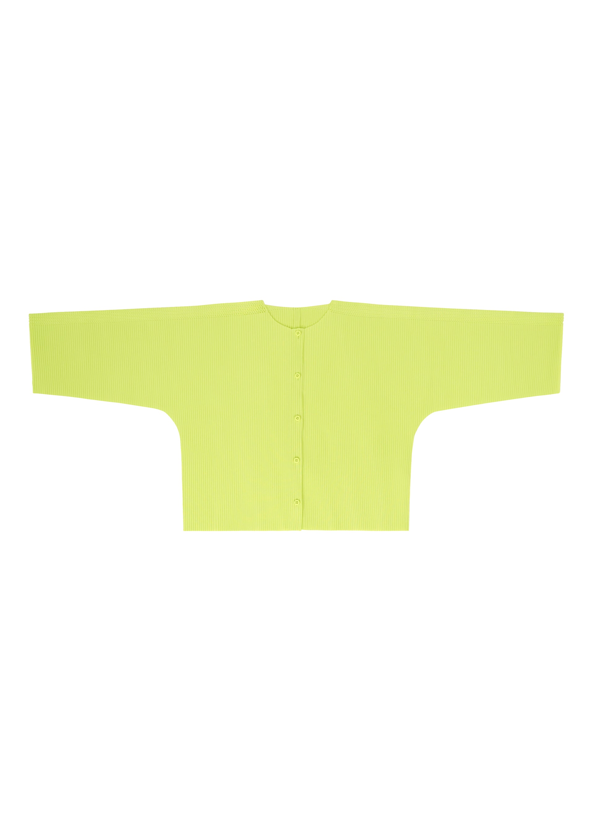 Zoomed view The MESH PLEATS lime green, long-sleeve fine knit cardigan by me ISSEY MIYAKE features a button-up front and round neckline, displayed flat against a white background.