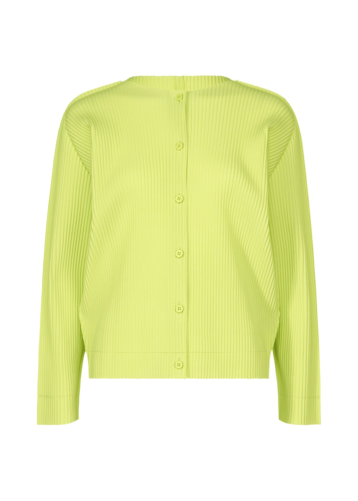 The FINE KNIT PLEATS COLOR 1 cardigan by me ISSEY MIYAKE is a lime green, long-sleeved, ribbed button-up with a round neckline and fine pleats for subtle vertical texture, shown against a white background. view 2 of 8
