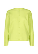 The FINE KNIT PLEATS COLOR 1 cardigan by me ISSEY MIYAKE is a lime green, long-sleeved, ribbed button-up with a round neckline and fine pleats for subtle vertical texture, shown against a white background. - LIME YELLOW （no.51）