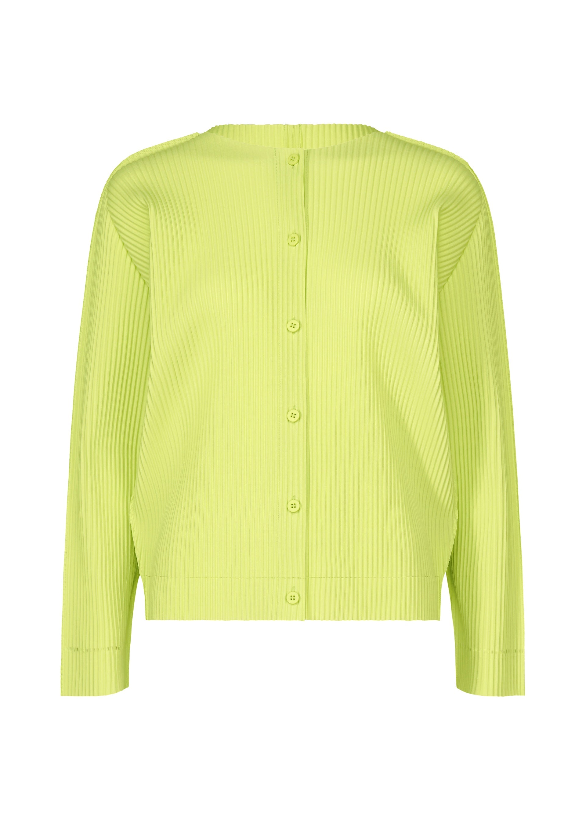 Zoomed view The FINE KNIT PLEATS COLOR 1 cardigan by me ISSEY MIYAKE is a lime green, long-sleeved, ribbed button-up with a round neckline and fine pleats for subtle vertical texture, shown against a white background. - LIME YELLOW （no.51）