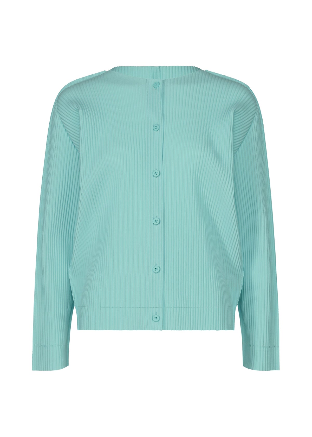 The FINE KNIT PLEATS COLOR 1 cardigan by me ISSEY MIYAKE features light blue fabric, long sleeves, fine knit pleats, and front buttons, displayed against a white background. view 3 of 8