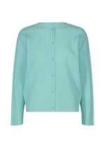 The FINE KNIT PLEATS COLOR 1 cardigan by me ISSEY MIYAKE features light blue fabric, long sleeves, fine knit pleats, and front buttons, displayed against a white background. - SKY BLUE （no.70）