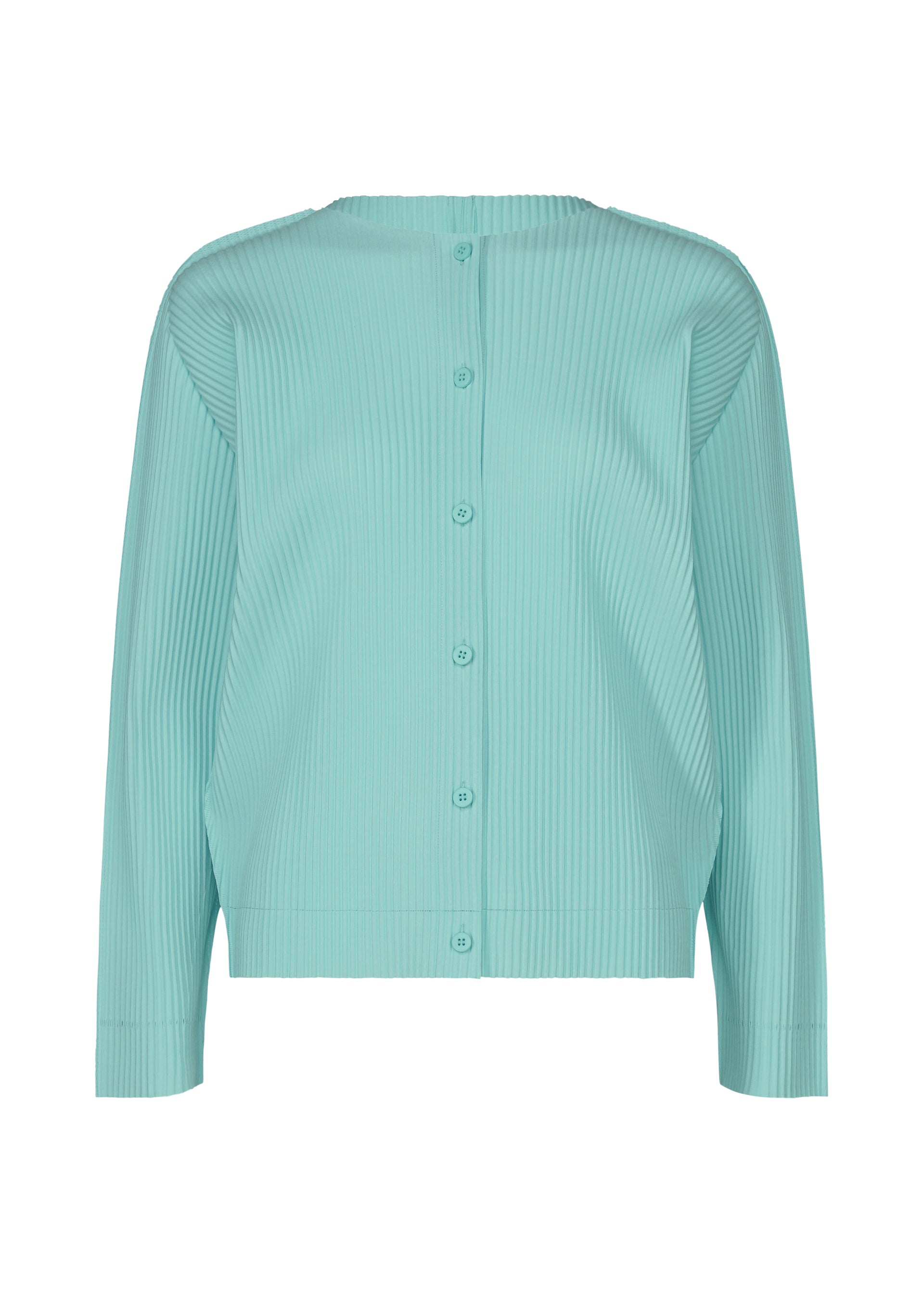 Zoomed view The FINE KNIT PLEATS COLOR 1 cardigan by me ISSEY MIYAKE features light blue fabric, long sleeves, fine knit pleats, and front buttons, displayed against a white background. - SKY BLUE （no.70）
