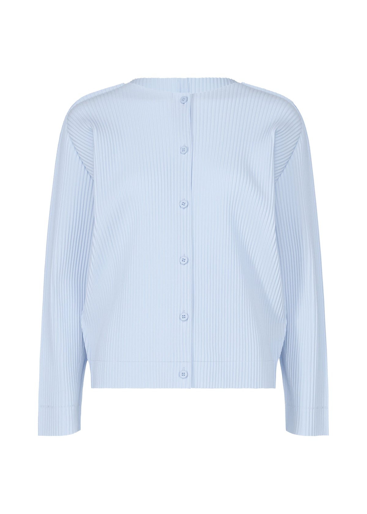 The FINE KNIT PLEATS COLOR 1 by me ISSEY MIYAKE is a light blue, long-sleeved cardigan with back buttons, subtle vertical stripe pleats, fine knit texture, lightweight feel, a relaxed fit, and no visible collar. view 4 of 8