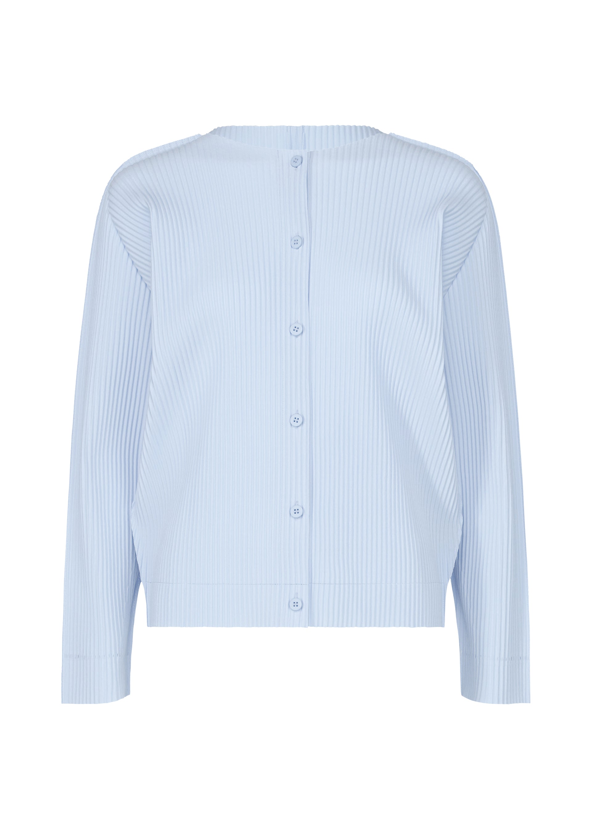Zoomed view The FINE KNIT PLEATS COLOR 1 by me ISSEY MIYAKE is a light blue, long-sleeved cardigan with back buttons, subtle vertical stripe pleats, fine knit texture, lightweight feel, a relaxed fit, and no visible collar. - FOGGY BLUE （no.71）