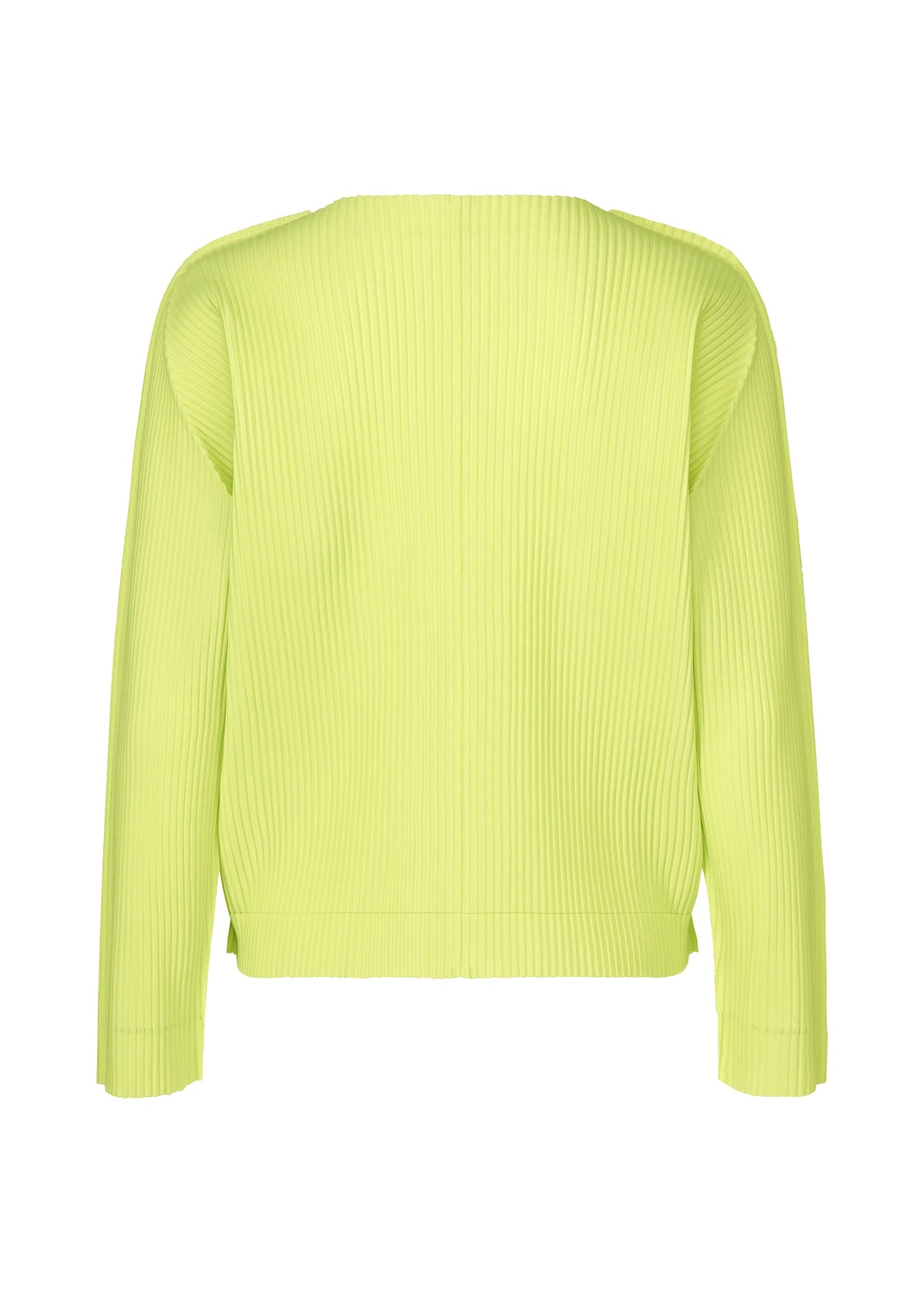 The FINE KNIT PLEATS COLOR 1 sweater by me ISSEY MIYAKE is shown from the back against a white background. This neon yellow, long-sleeved cardigan features a ribbed, lightweight design with a loose fit and minimalist style. view 5 of 8