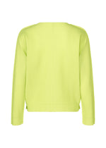 The FINE KNIT PLEATS COLOR 1 sweater by me ISSEY MIYAKE is shown from the back against a white background. This neon yellow, long-sleeved cardigan features a ribbed, lightweight design with a loose fit and minimalist style.