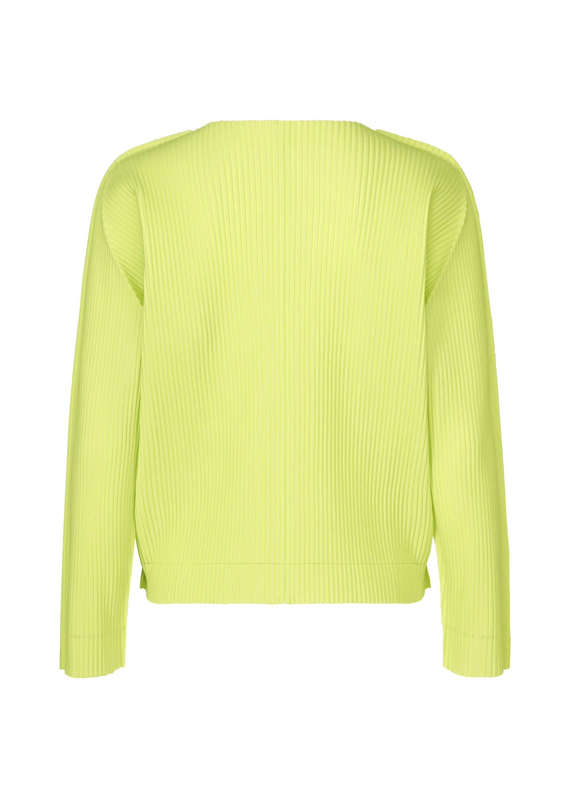 Zoomed view The FINE KNIT PLEATS COLOR 1 sweater by me ISSEY MIYAKE is shown from the back against a white background. This neon yellow, long-sleeved cardigan features a ribbed, lightweight design with a loose fit and minimalist style.