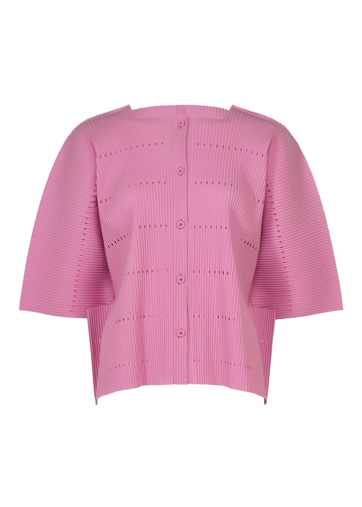 The TOWER PLEATS blouse from me ISSEY MIYAKE is a pink, short-sleeve top featuring delicate pleats, a round neckline, vertical button-down front, and subtle horizontal dotted lines for added texture—ideal for layering under your favorite fine knit cardigan. view 1 of 8